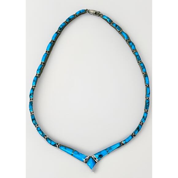 VTG Taxco Sterling Silver 950 Turquoise Inlay Hinged Panel Collar Necklace 22.7g - Picture 2 of 16